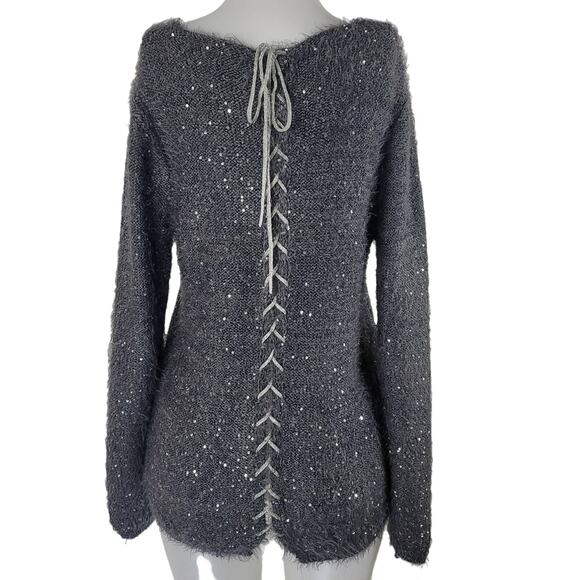 Nuage Lace Up Back Scoop Neck Sequin Sparkle Eyelash Gray Silver Sweater L - Picture 1 of 5